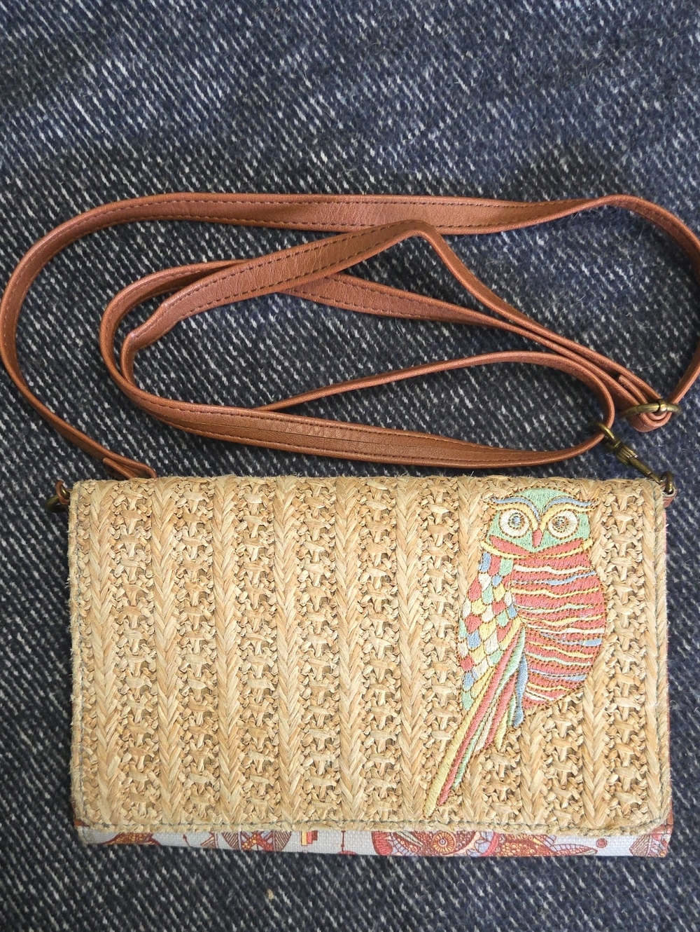 Sakroots Woven Straw Crossbody Bag with Colorful Owl Embroidery